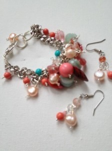 aqua and coral chunky bracelet and earrings